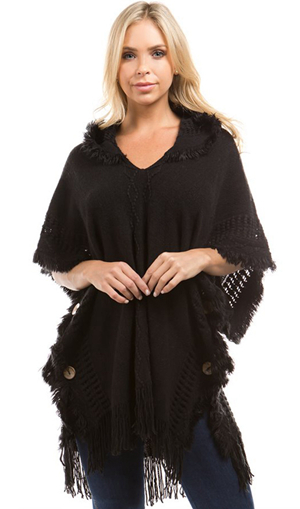 SZ60179-3 Ladies Women Knitting Crochet Black Hooded Short Sleeve Sweaters Shawl